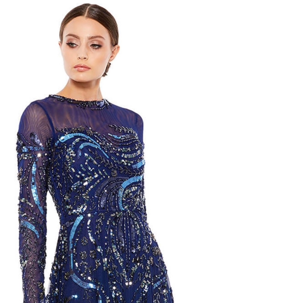 Mac Duggal long Sleeve embellished illusion evening gown.